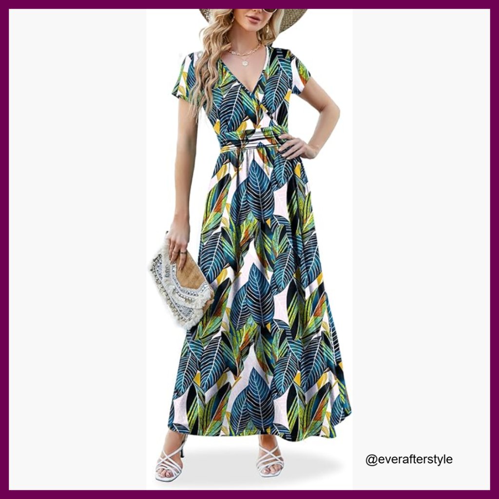 Wrap V Neck Maxi Dress With Pockets, Rayon Polyester Spandex